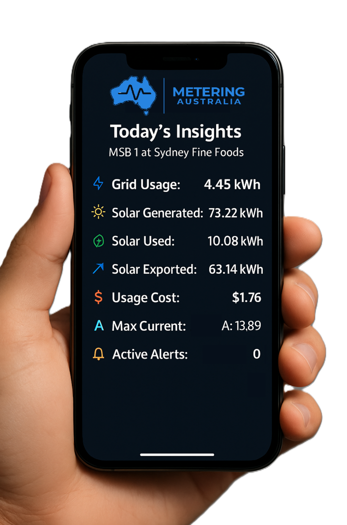 Metering Australia live energy insights on a phone